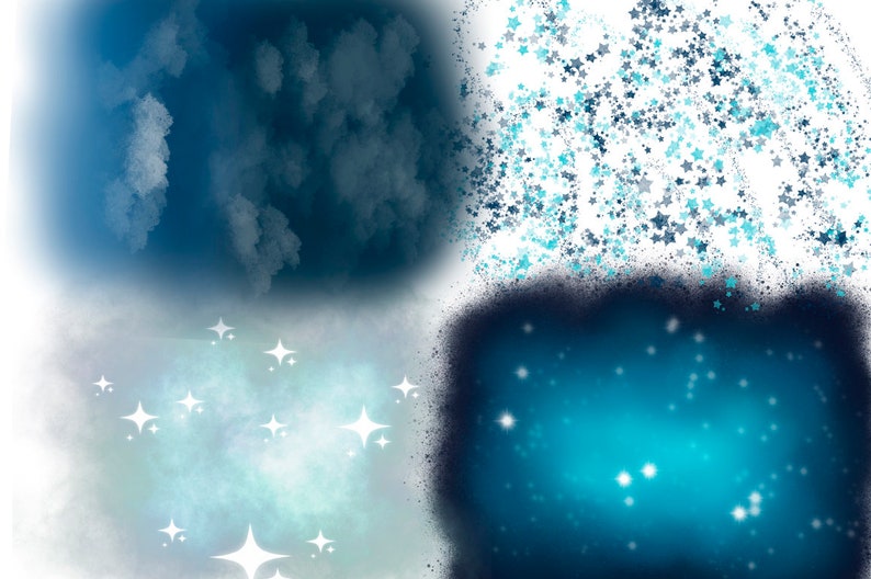 K&ouml;nnte beinhalten: Eine digitale Collage aus vier Bildern mit einem blauen Himmel mit wei&szlig;en Wolken, einem wei&szlig;en Hintergrund mit blauen Sternen, einem blauen Himmel mit wei&szlig;en Sternen und einem dunkelblauen Himmel mit wei&szlig;en Sternen.