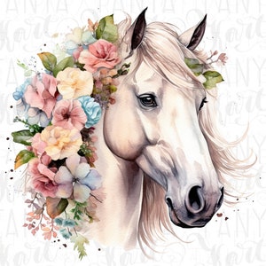 White Horse With Flowers Png for Sublimation, Watercolor Horse Png Instant Download, Floral Farm Animal, Digital Print Art