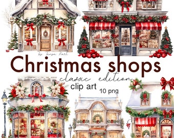 Christmas Shop Bundle: Festive Winter Decorations, Holiday Graphics, Clipart Image Files for Commercial Use, Christmas Storefront PNG Set
