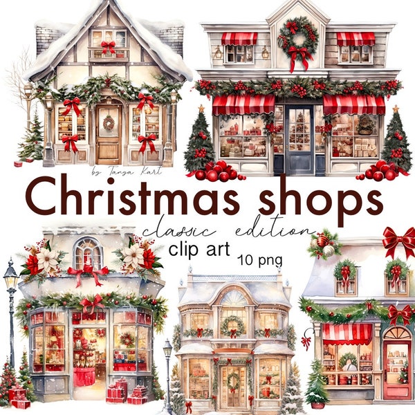 Christmas Shop Bundle: Festive Winter Decorations, Holiday Graphics, Clipart Image Files for Commercial Use, Christmas Storefront PNG Set