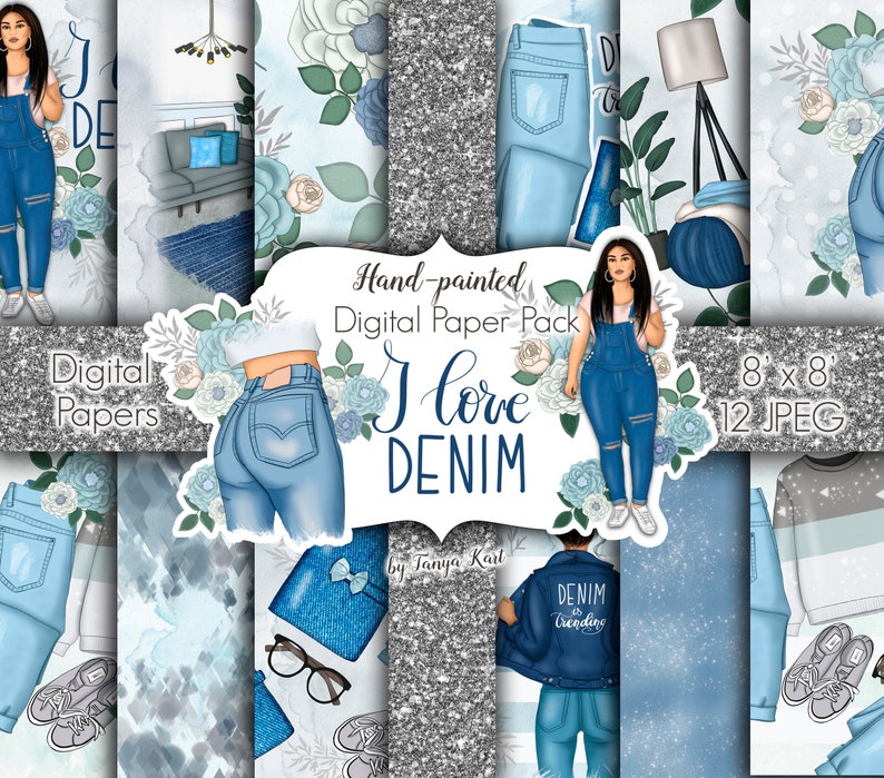 Fashion Patterns Denim Papers Denim Art Girly Papers Flowers Navy Blue Planner Babe Afro Girl Floral Patterns Jeans Papers