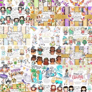 May include: A collection of digital paper packs and illustrations featuring various themes. The designs include floral patterns, cute girls, unicorns, and seasonal motifs like autumn and Christmas. The color palette is vibrant, with a mix of watercolor and hand-painted styles.