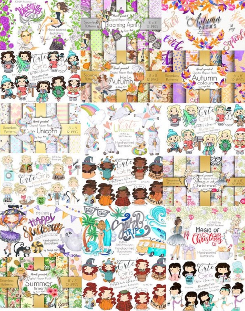 May include: A collection of digital paper packs and illustrations featuring various themes. The designs include floral patterns, cute girls, unicorns, and seasonal motifs like autumn and Christmas. The color palette is vibrant, with a mix of watercolor and hand-painted styles.
