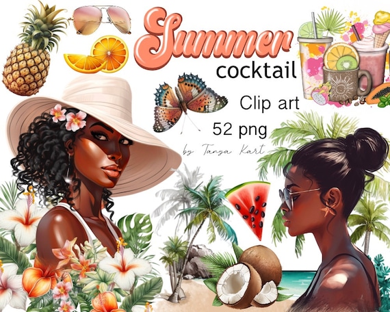Black Girl Clipart Bundle, African Fashion, Digital Download, PNG for Sublimation, Summer Clipart, Tropical PNG, Flower & Fruit Clipart