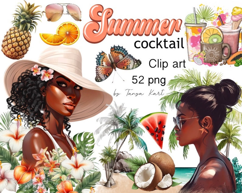 Summer Fashion Girl, Beach Girl Clipart, Summer Png Clipart, Fruits Png Clipart, African American, Stickers For Planner, Png For Sublimation