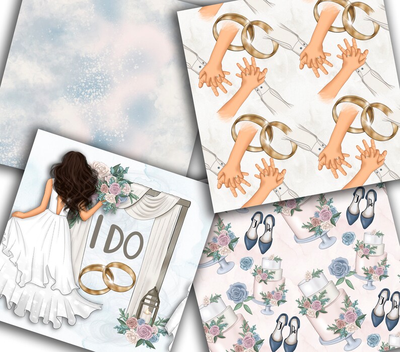 May include: A digital illustration of a wedding scene with a bride in a white dress standing under a white archway with the word "I do" written on it. The background is a blue and white watercolor pattern.