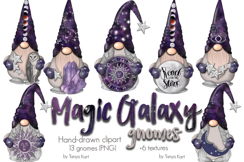 May include: Thirteen digital illustrations of gnomes with galaxy-themed hats and accessories. Each gnome holds a different celestial object, including a crescent moon, a sun, a crystal, an owl, and a moon phase. The gnomes are surrounded by stars and the text "Magic Galaxy Gnomes".