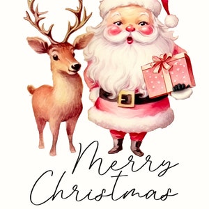 Retro Pink Santa Claus with Deer Design for Holiday Crafting, Vintage Holiday Sublimation Graphic, Printable Artwork for Children's Prints