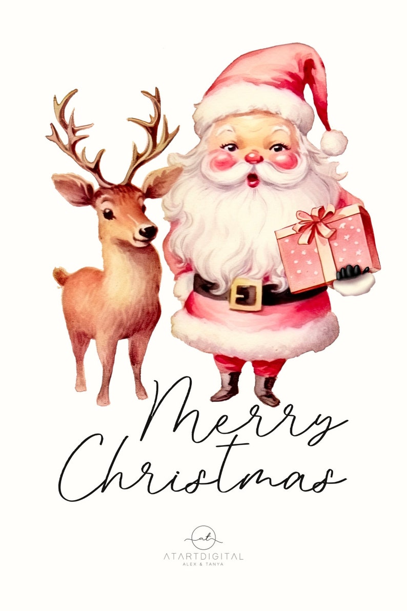 Retro Pink Santa Claus with Deer Design for Holiday Crafting, Vintage Holiday Sublimation Graphic, Printable Artwork for Children's Prints