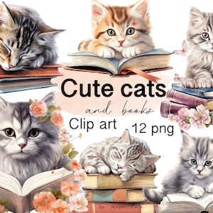 Lindos gatos clipart con libros para uso comercial, gráficos para regalo de amantes de los gatos, descarga instantánea de gato en libros PNG, gato leyendo un libro