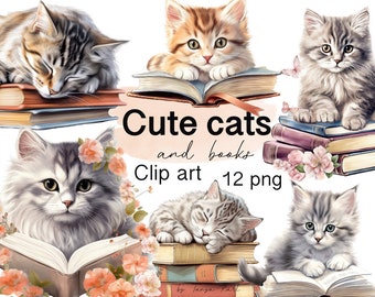 Cute Cats Clipart With Books for Commercial Use, Graphics for Cat Lovers Gift, Cat On Books Png Instant Download, Cat Reading Book