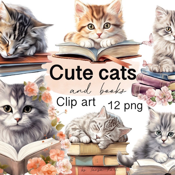 Cute Cats Clipart With Books for Commercial Use, Graphics for Cat Lovers Gift, Cat On Books Png Instant Download, Cat Reading Book