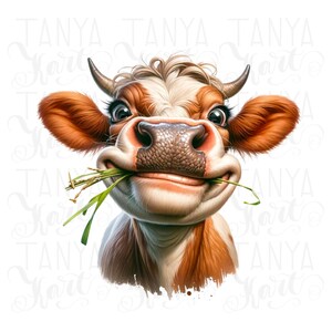 Può includere: Primo piano di una mucca marrone e bianca con un'espressione felice. La mucca sta mangiando erba verde e ha una macchia bianca sulla fronte. Lo sfondo è bianco con la parola "Tanya" ripetuta in un font corsivo.