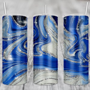 Koningsblauw, mager ontwerp, beker van 20 oz, taps toelopend mager, 20 oz mager, sublimatiedownload, beker van agaatmarmer, beker met blauwe glitter