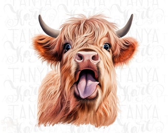 Funny Cow PNG, Digital Animal Illustration, Downloadable Art for Commercial Use, Highland Heifer Graphic for Shirts, Png Instant Download