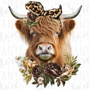 Highland Cow Png, Cow With Flowers Png, Sublimation Png File, Leopard Background, Png Digital Design, Cow Png Design, Cow Sublimation Png