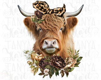 Vaca de las Tierras Altas (Png), Vaca con Flores (Png), Archivo de Sublimación (Png), Fondo de Leopardo, Diseño Digital (Png), Diseño de Vaca (Png), Sublimación de Vaca (Png)