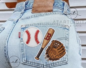 Bordado falso de béisbol PNG / Sublimación del día del juego / Alfabeto de béisbol cosido PNG / Diseño de camiseta para mamá deportista / Sublimación de parche de béisbol