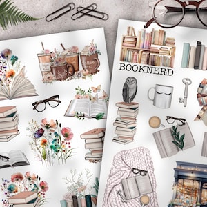 May include: Two sheets of stickers featuring illustrations of books, coffee cups, flowers, and other bookish elements. The text "BOOKNERD" is featured on one sheet.