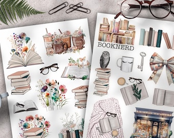 Pegatinas imprimibles para amantes de los libros, pegatinas para planificadores, pegatinas para amantes de los libros, diario, bullet journal, libros, nerd de los libros