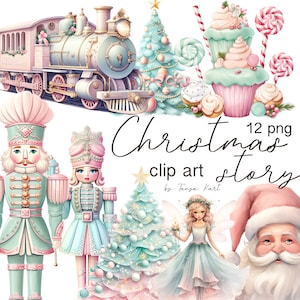 Pastell Weihnachten Clipart Bundle, digitale transparente PNGs von Weihnachtsbaum LKW, Weihnachtsmann, Polarzug, Feiertagsdesserts, rosa Weihnachten