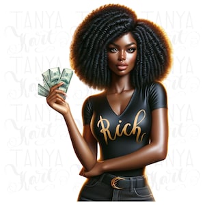 Design a sublimazione nera Rich Girl per adesivi per planner, Afro Girl Boss, Pronta per la stampa, Melanin Queen, Mano che tiene, Soldi, Donna forte