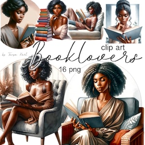 Afro Girl Reading Clipart | Melanin Book Lover PNG para Designs de Sublimação, Diário de Lixo, Adesivos de Planejador, Livros de Leitura PNG, Biblioteca Clipart