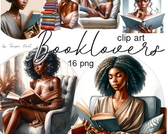 Afro Girl Reading Clipart | Melanin Book Lover PNG for Sublimation Designs, Junk Journal, Planner Stickers,Reading Books PNG,Library Clipart