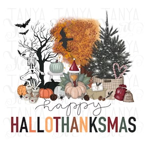 Hallo Thanksmas, Türkei Png, Sublimationsdesigns, Frohe Weihnachten, digitaler Download, Happy Halloween, Kürbisbeet, Weihnachtsbaum