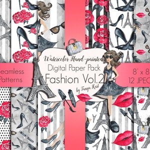Tema del blog de moda, Papel digital cosmético, Paquete de papel de París, Papel de acuarela, Papel digital de moda, Papel digital femenino, Pegatinas de planificador