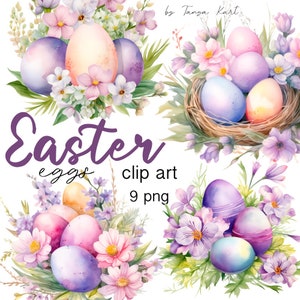 Aquarell Ostern Clip Art, Blumenschmuck & Ostern Aufkleber, Sofort Download, Kommerzielle Nutzung, Junk Journal Dekor, Blumen, Osterei