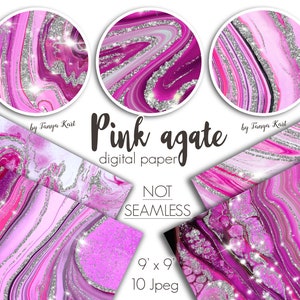 Puede incluir: Papel digital de ágata rosa y plata con textura brillante. El papel mide 9 pulgadas por 9 pulgadas y viene en un conjunto de 10 archivos JPEG. "Pink agate digital paper" y "NOT SEAMLESS" están escritos en la imagen.