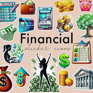 Adesivi per pianificatori finanziari, icone di denaro, adesivi finanziari, pianificatore finanziario, promemoria finanziari, adesivo per pianificatore di budget finanziario clipart