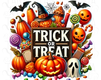 Trick or Treat PNG for T-Shirt Design, Halloween Crafting, Funny PNG, Transparent Sublimation File, Printable Quote for DIY Card Making