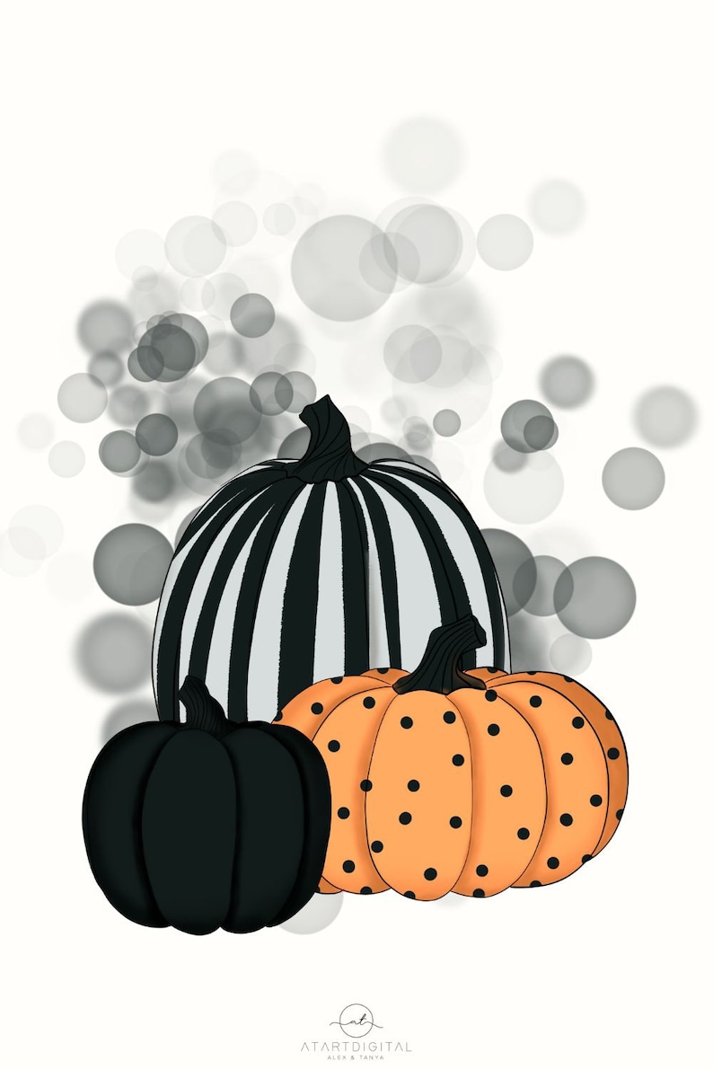 Puede incluir: Ilustraci&oacute;n de tres calabazas. La m&aacute;s grande es a rayas blancas y negras. La calabaza del medio es naranja con lunares negros. La m&aacute;s peque&ntilde;a es negra lisa. El fondo tiene c&iacute;rculos grises.