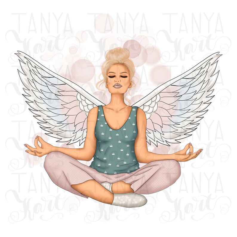 May include: Digital illustration of a meditating figure with angel wings. The figure is wearing a teal tank top with a crown pattern and pink pants. The wings are white, pink, and blue. The figure is in a lotus position.