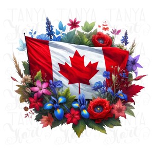 愛国的なカナダ国旗の花、北米転写プリント、カナダデーの花の昇華プリント、国旗の背景 PNG、ダウンロード可能なアート