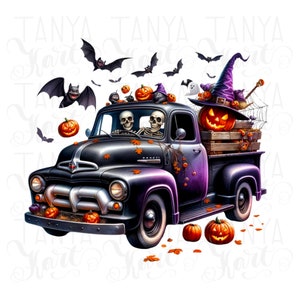 Digitale prints Halloween pompoen en vrachtwagen, png-ontwerpen voor knutselen, spookachtige halloween, sublimatieprints, transparante png-downloads