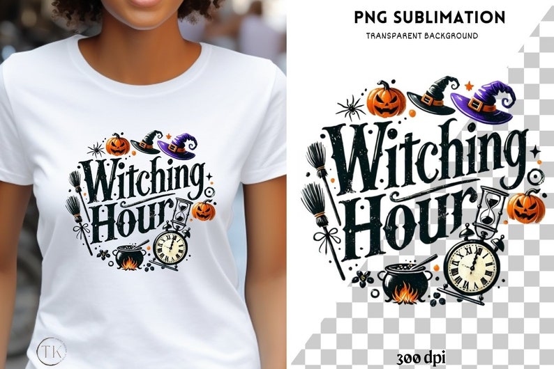 May include: White t-shirt featuring a circular design with the words "Witching Hour" in black. The design includes witch hats, pumpkins, a cauldron, a broom, and a clock, perfect for Halloween.