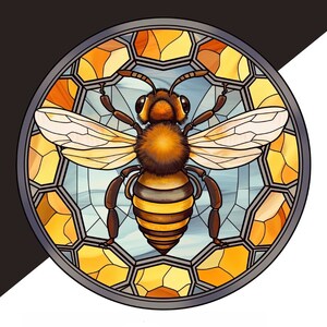May include: A stained glass illustration of a bee with yellow and brown stripes, surrounded by a honeycomb pattern in shades of yellow and orange.