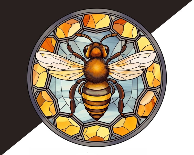 May include: A stained glass illustration of a bee with yellow and brown stripes, surrounded by a honeycomb pattern in shades of yellow and orange.