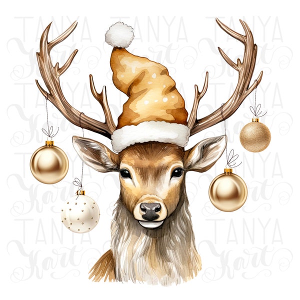 Christmas Deer Digital File for T-Shirt Design, Gold Sublimation Print, Watercolor Deer Head for Christmas Card, Instant Download