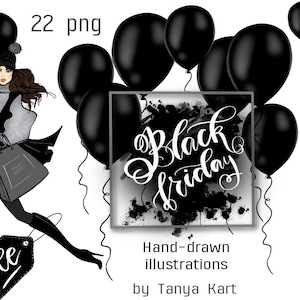 Black Friday Shopping Girl Clipart Bundle, Illustration de mode, Clipart Girly dessinés à la main, PNG pour sublimation, usage Commercial