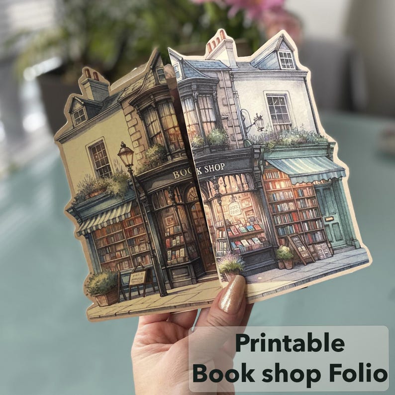 Printable book shop folio featuring a detailed illustration of a two-story building with a storefront that says "Book Shop". The building has a green awning, a window display with books, and a sign that says "Book Shop".