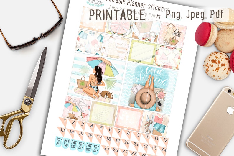 K&ouml;nnte beinhalten: Druckbare Planer-Aufkleber mit Sommerthema. Die Aufkleber zeigen Illustrationen einer Frau im Badeanzug, einer Wassermelone, einem Sonnenschirm am Strand und dem Text "Good vibes only".