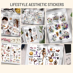 May include: A set of digital stickers featuring illustrations of people, flowers, and sports-related imagery. The stickers are designed in a modern aesthetic with a focus on self-care, fitness, and positivity. The stickers include phrases like "No pain no gain", "Hydrate", "Don't quit", and "Be the energy you want to attract".