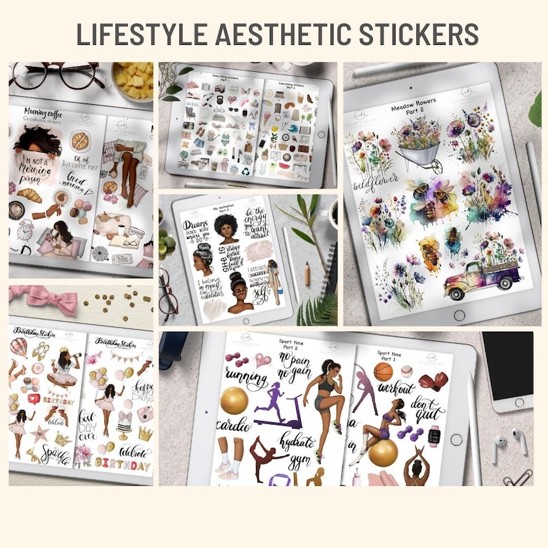 May include: A set of digital stickers featuring illustrations of people, flowers, and sports-related imagery. The stickers are designed in a modern aesthetic with a focus on self-care, fitness, and positivity. The stickers include phrases like "No pain no gain", "Hydrate", "Don't quit", and "Be the energy you want to attract".