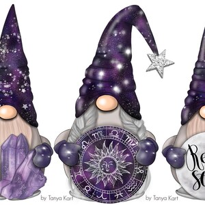 May include: Three purple and silver gnomes with different designs. The first gnome holds a large purple crystal. The second gnome holds a circle with the zodiac symbols. The third gnome holds a circle with the text "Reach for the Stars".