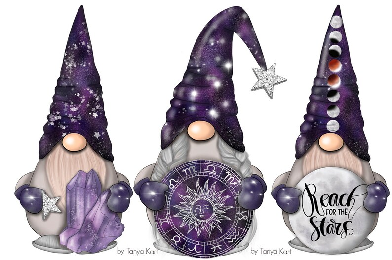 May include: Three purple and silver gnomes with different designs. The first gnome holds a large purple crystal. The second gnome holds a circle with the zodiac symbols. The third gnome holds a circle with the text "Reach for the Stars".