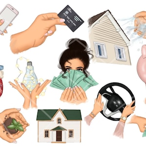 May include: A digital illustration of various concepts related to personal finance, including a house, a car, a piggy bank, a heart, a lightbulb, a plant, money, and a credit card.